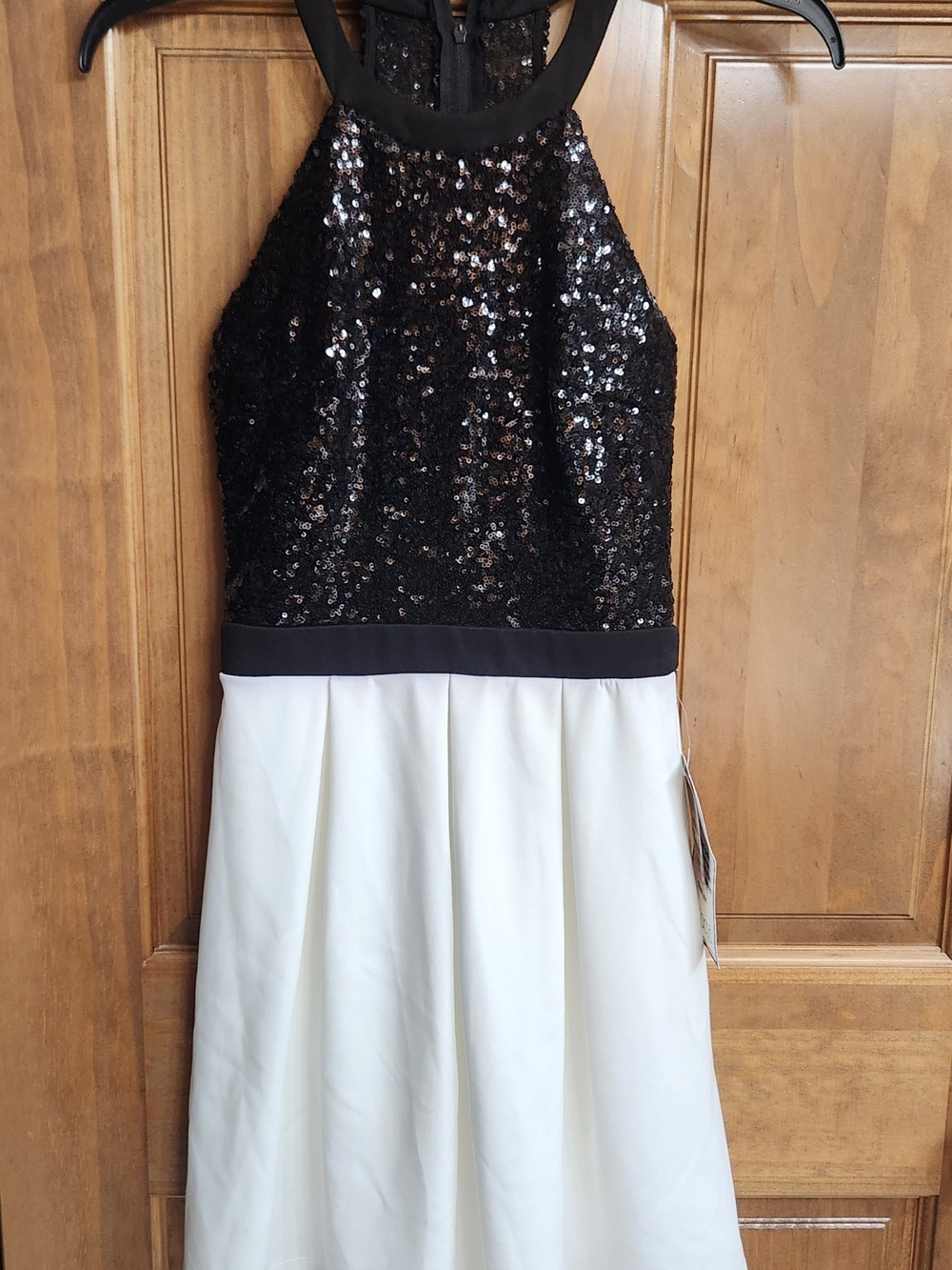 B Darlin Black Sequin Halter Top with White Skirt Girls' Formal Dress